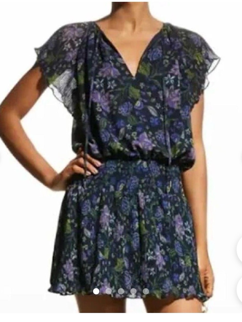 Ramy Brook Navy Floral Midi Dress with Purple & Green Print